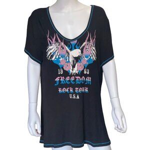 Liberty Wear Womens Graphic Tee Freedom Rock Tour USA Black XL Rayon Blend